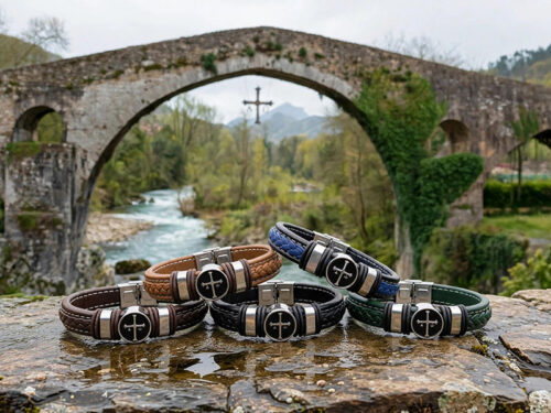 Pulsera Cruz de Asturias ( Cruz de la Victoria) Cuero y Acero