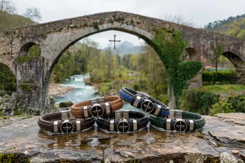 Pulsera Cruz de Asturias ( Cruz de la Victoria) Cuero y Acero